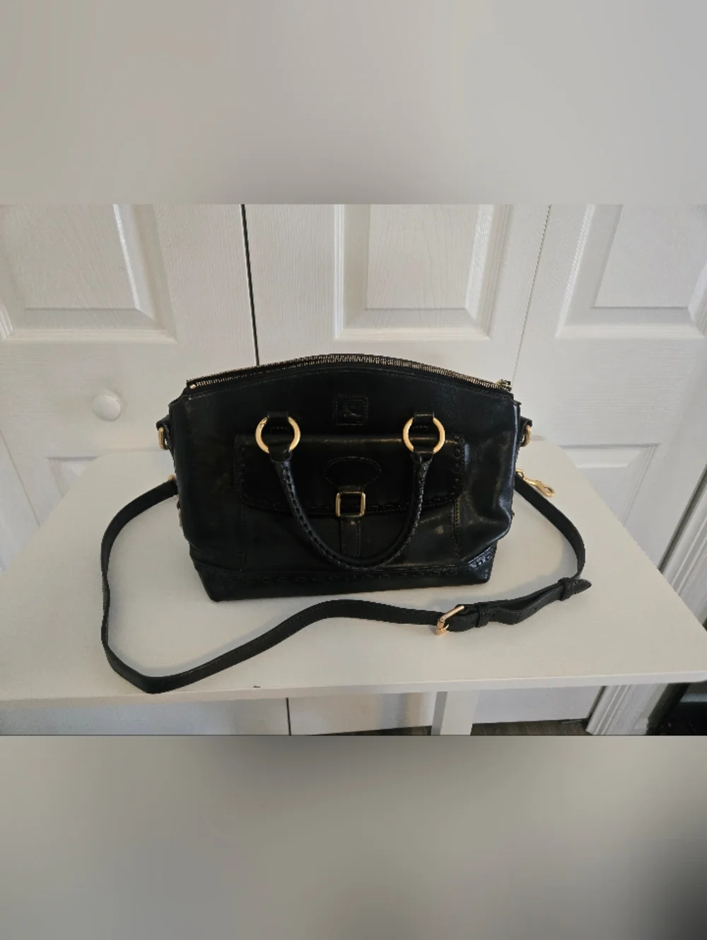 Dooney & Bourke Black Leather Shoulder Satchel with Gold Hardware - Picture 2 of 16